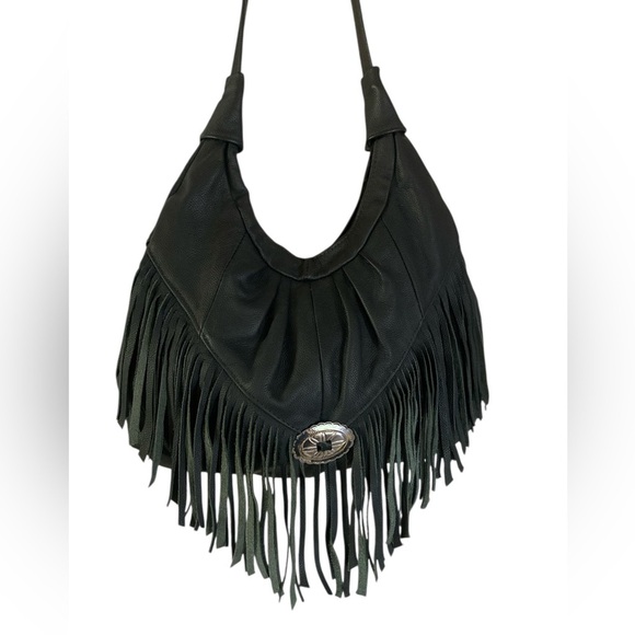 Leather Western Fringe Crossbody Bag Black Hobo Concho Bag 15 x 14 NWOT - Picture 11 of 17